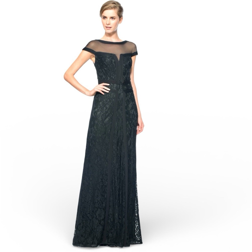 Tadashi Shoji‎ Black Corded Lace Gown Size 10 Cap Sleeve Illusion Neckline